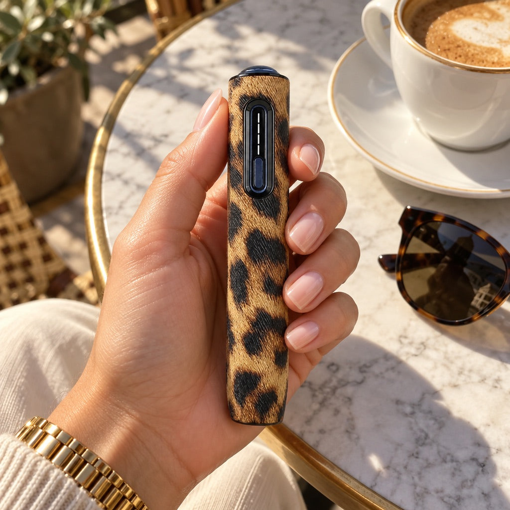 Funda Lune leopardo miel en la mano, en una terraza