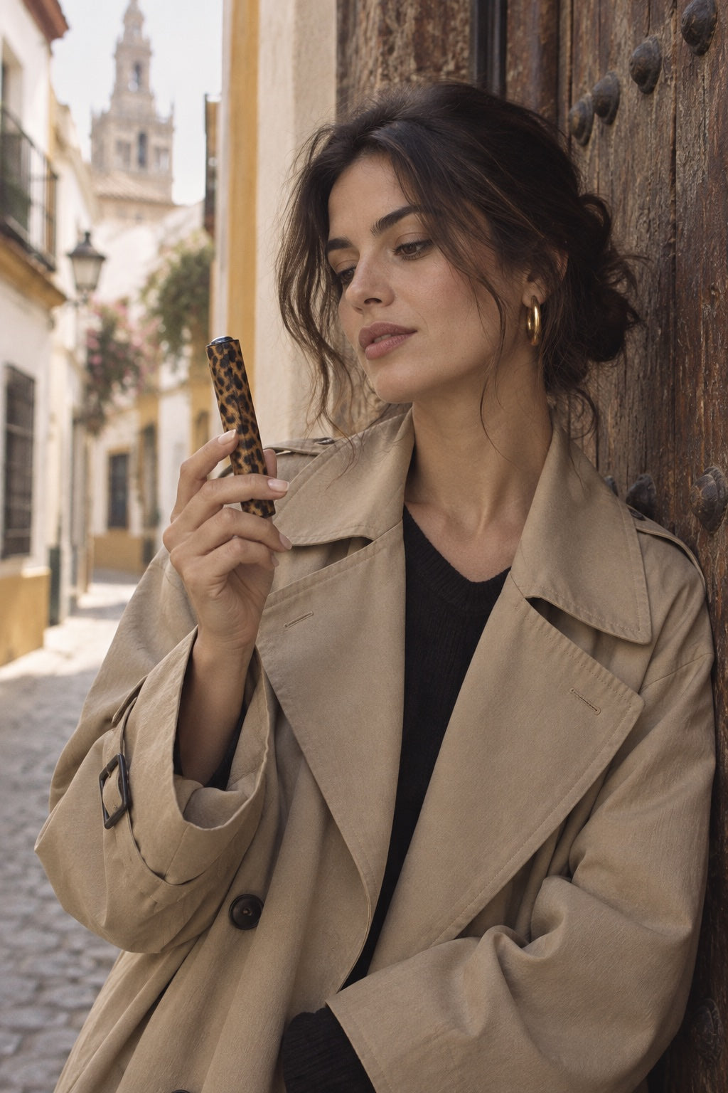 Chica con su funda Lune de leopardo en una calle de Sevilla